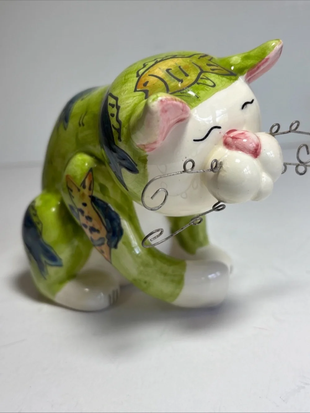 DEI Dennis East Intl Whimsical Cat, Green With Fish Pattern and Wire Whiskers - Picture 2 of 10